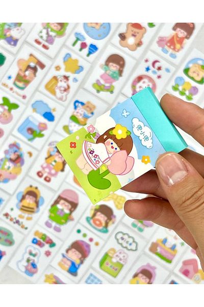 Kağıt Gemi Dükkan Cute Girl and Tulip 50 Sheets Turquoise Notebook Sticker / Decal / Bullet Journal / Notebook Decoration / S