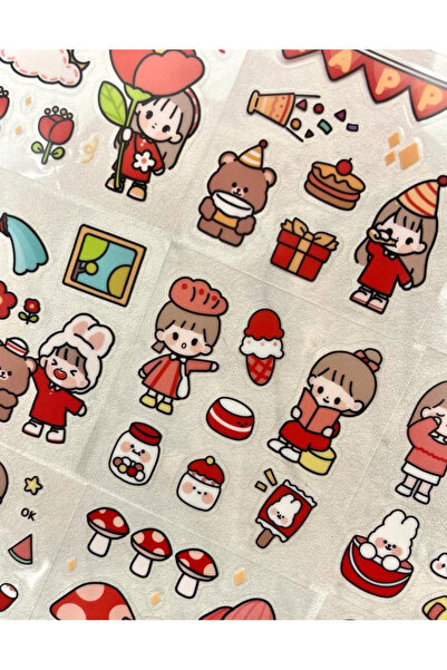 Kağıt Gemi Dükkan Cute Girl and Her Friends Red Transparent 20 Sheets 160 Pieces Stickers/Labels/Decals/Bullet Journal