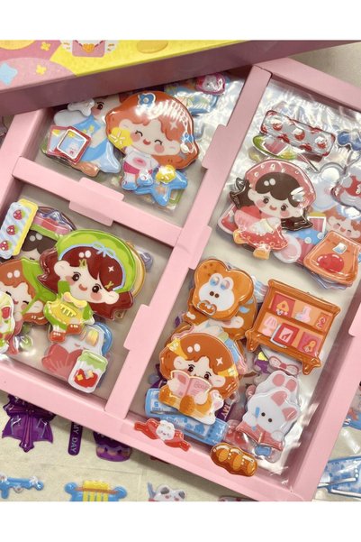 Kağıt Gemi Dükkan Sevimli Kız ve Dostları 3 Bölüm 18 Yaprak 120 Adet Pembe Kutu Kabartmalı Sticker Set/Etiket/Çıkartma