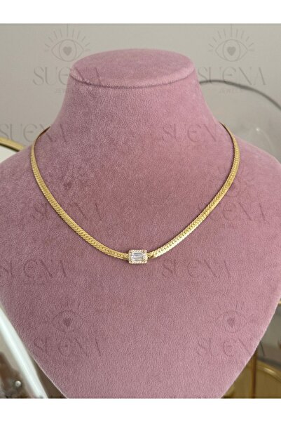 suena 925 Ayar Gümüş Gold Renkli Balıksırtı Zincirli Baget Taşlı Gerdanlık