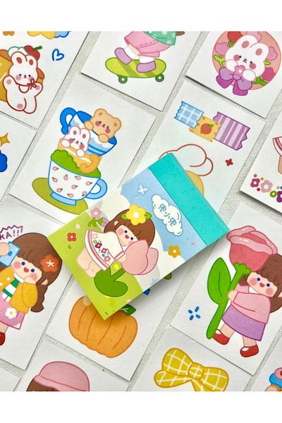 Kağıt Gemi Dükkan Cute Girl and Tulip 50 Sheets Turquoise Notebook Sticker / Decal / Bullet Journal / Notebook Decoration / S