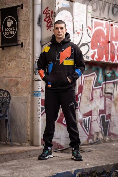 HYPERS Colorful Printed Black Hooded Sweatshirt Jogger Set