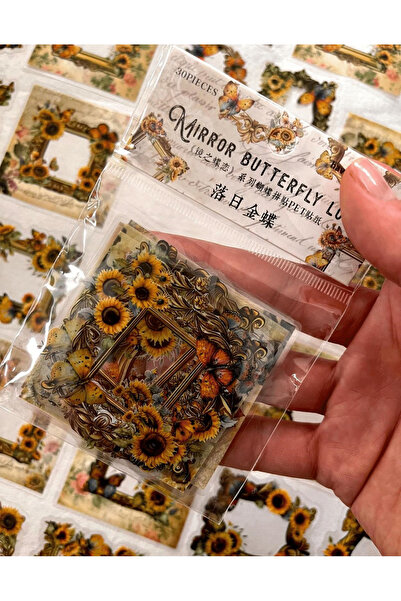 Kağıt Gemi Dükkan Mirror Butterfly Serisi Sarı Renk Çiçek ve Kelebekli Çerçeve 30 Adet Şeffaf Sticker/Etiket/Çıkartma