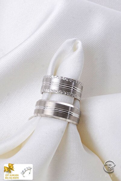 Twem Silver Gümüş Çizgiler Renkli Uyum 925 Ayar Gümüş Alyans Çift Alıma Beştaş Hediye (TEK YÜZÜK FİYATIDIR)