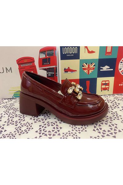 KUUM LONDON Balerini de damă cu toc din piele lacuită roșie Claret - Zilnic 703224