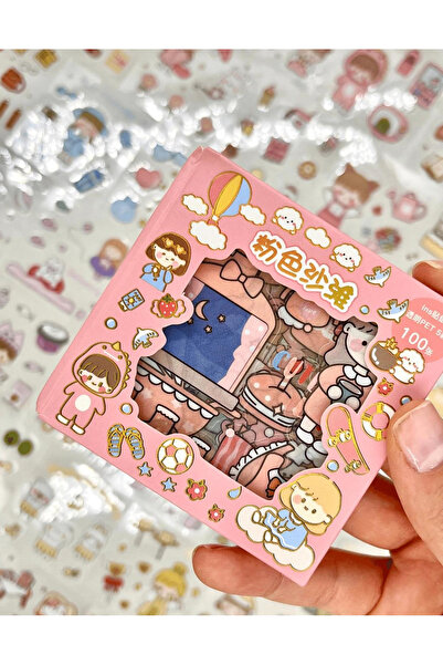 Kağıt Gemi Dükkan Sevimli Kız ve Tatil Kaykay 100 Yaprak 500 Adet Mini Kutu Şeffaf Pet Sticker Seti/Etiket/Çıkartma