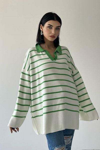 WOMAN VISION Oversize Striped Knitwear Women's Sweater - Shirt Collar 196