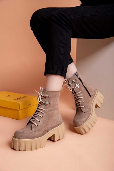 layki Γυναικείες μπότες Nessa Beige με ψηλή σόλα από δέρμα σουέτ