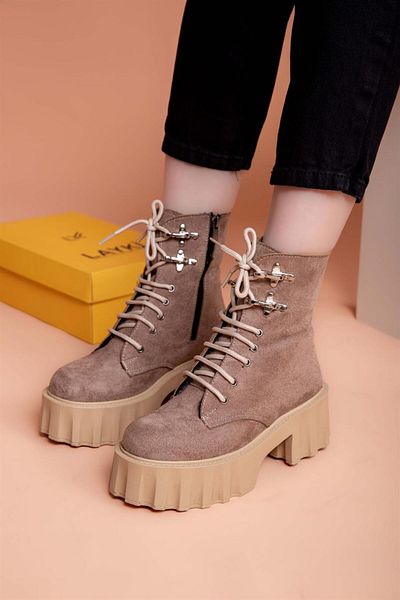 layki Γυναικείες μπότες Nessa Beige με ψηλή σόλα από δέρμα σουέτ