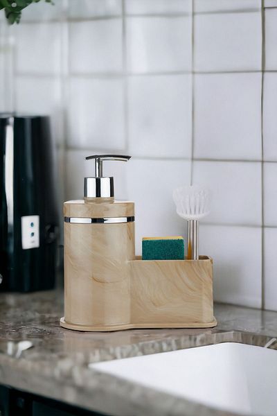 okacih Marble Patterned Container Liquid Soap Dispenser Kitchen Bathroom Detergent Dispenser Brush Sponge Not Included