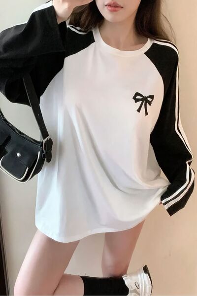 EFBUTİK Black and White Striped Black Bow T-Shirt