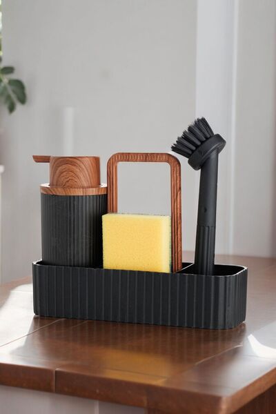 okacih Oval Bowl Liquid Soap Dispenser Sponge Holder Dish Brush Set