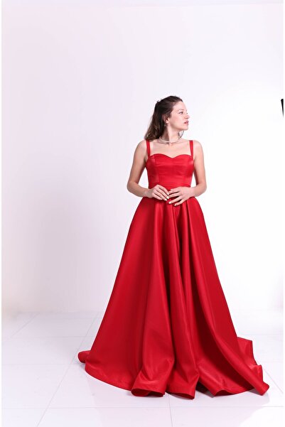 Engin Moda Kırmızı Saten Maxi Boy Abiye Ve Gece Elbisesi