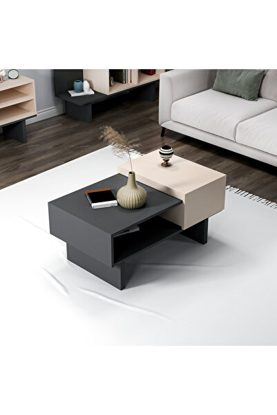 ARNETTİ Palermo Raflı Kapaklı Modern Orta Sehpa Salon Sehpası, Bej Antrasit - Palermo