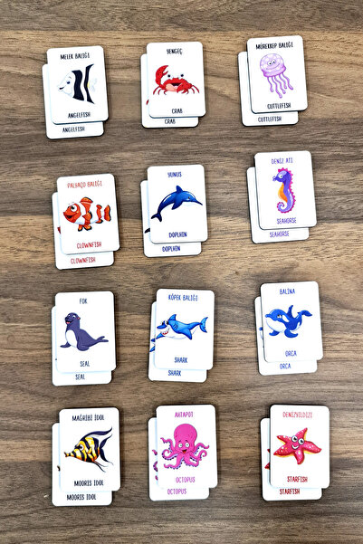 metafortoys 24 Parça Ahşap Denizaltı Zeka Kartları Eşleştirme Oyunu Ahşap Oyuncak