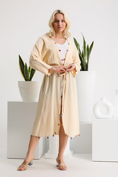 ANTERİ Oya Ve Nakış Detaylı Bel Kısmı Büzgülü Keten Kimono Kaftan