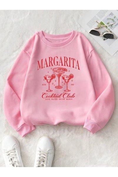 PALPİTO Women's Pink Margarita Printed Crew Neck Oversize Sweatshirt
