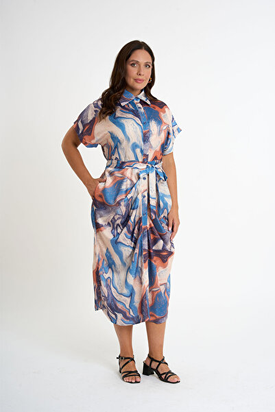 HANIQA Rochie cămașă cu șnur din satin albastru pentru femei 3216