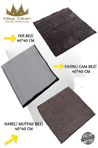 MissClean 3 Pieces Cleaning Starter Set - Glass Cloth, Kitchen Cloth, Floor Cleaning Cloth 40*40 cm
