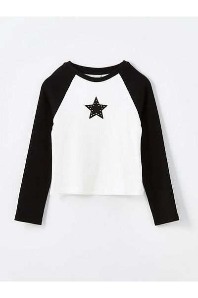 LC Waikiki LCW Kids New Tricou negru cu mânecă lungă brodat pentru fete
