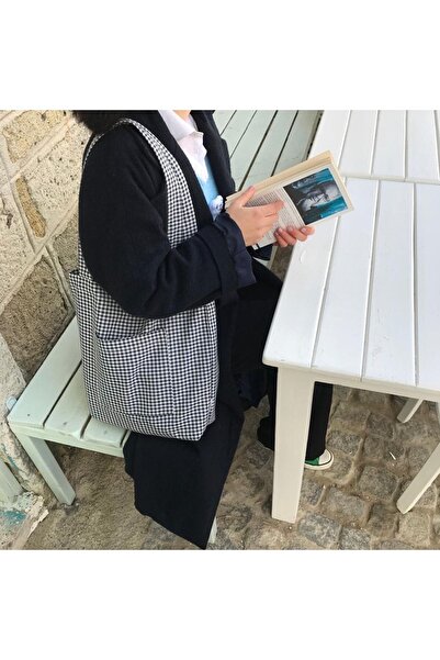 Sumicorn Design Siyah Pötikareli Çevre Dostu Bez Çanta,cepli Keten Kol Ve Omuz Çantası,unisex Alışveriş Çantası