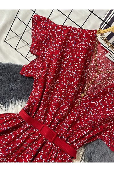 modabetce Crispy Red New Season Dry-breasted Collar Flower Patterned Midi Length Women's Dress Without Belt