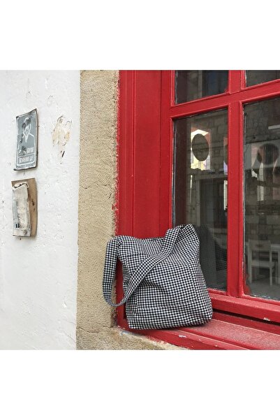 Sumicorn Design Siyah Pötikareli Çevre Dostu Bez Çanta,cepli Keten Kol Ve Omuz Çantası,unisex Alışveriş Çantası