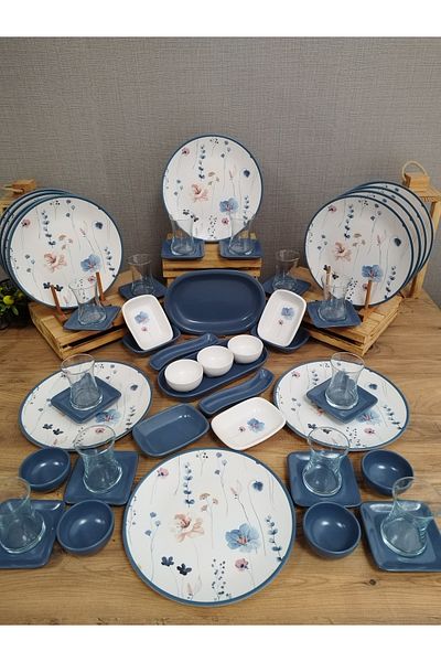 Keramika Blue and Pink Floral Patterned Breakfast Set for 12 People