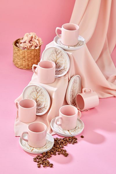 Erbaşlar Fall Pink 12 Piece Ceramic Coffee Cup Set