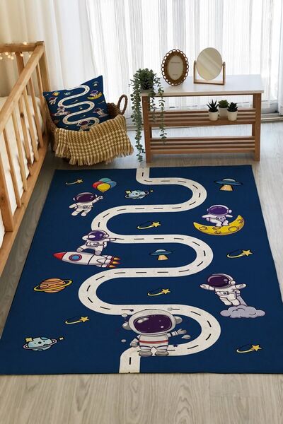 milroma Astronot Ve Yol Desenli Baskılı 8mm Bebek Ve Çocuk Odası Halısı - Lac...