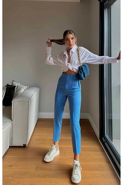 KaSheHa Baby Blue Zra Model Luxury Quality Collared High Waist Trousers 94 cm