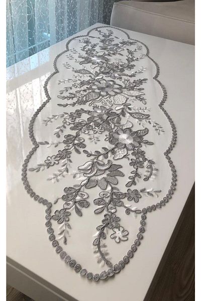 WENESSİ Cordone Embroidered Tulle Runner Cover (grey-cream)