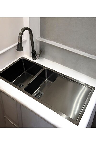 LAVELLO STYLE Meta 4018 45×100 Eviye Seti Sağ Damlalıklı Pvd Kaplama Füme Siy...