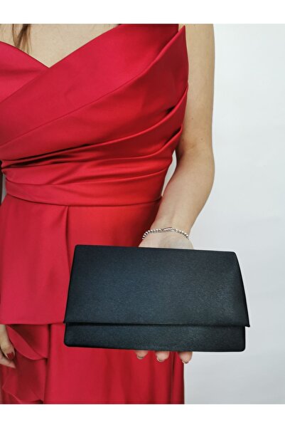NAZART Kadın Saten Minik Siyah Abiye Clutch Portföy Zincir Askılı El Düğün Nişan Gece Omuz Çantası