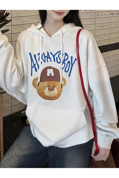 PALPİTO White 3 Thread Hooded Hoodie - Women'S, Always Boy Printed Sweatshirt
