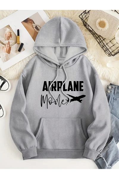 PALPİTO Gray Airplane Printed Unisex Hoodie Sweatshirt - 3 Thread Hooded