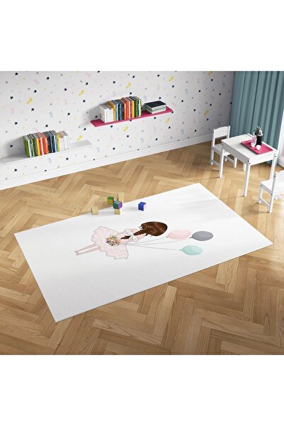 Evmila Dijital Baskı Beyaz Zeminde Balonlu Kız Çocuk Halısı  7 mm Kalınlık