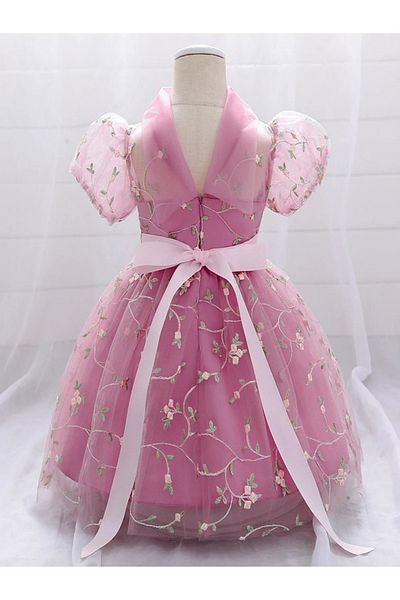 Tomac Pink Embroidered Girls' Princess Dress with Brooded