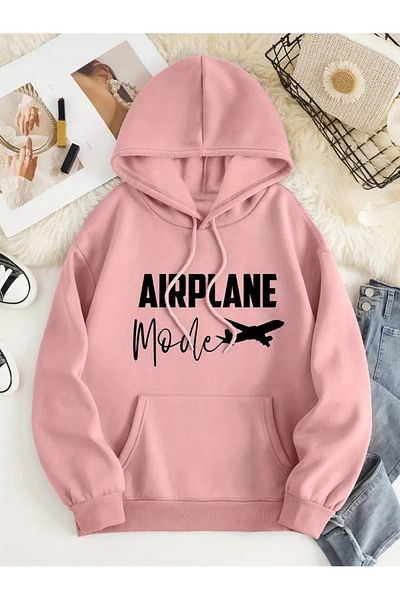 PALPİTO Airplane Printed Unisex Pink Hoodie Sweatshirt - 3 Thread Hooded