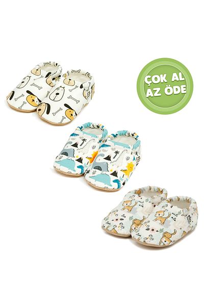 Ella Bonna Pack of 3 - Non-Slip Sole Baby Booties Home Boots, Nursery Shoes - Dog, Dinosaur, Cat