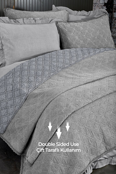 Evlen Home Collection %100 Pamuk Çift Kişilik Özel Taş Yıkama Nevresimli Yatak Örtüsü Seti 7 Parça Yumuşak Barbara Gri