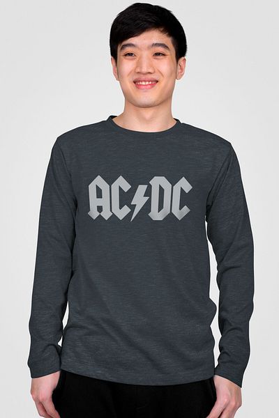 ROCKANDROLL Ανδρικό χτενισμένο βαμβακερό μπλουζάκι με λογότυπο Acdc Crew Neck μακρυμάνικο ανθρακί