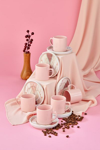 Erbaşlar Pink Marble 12 Piece Luxury Ceramic Coffee Cup Set, Turkish Coffee Cup