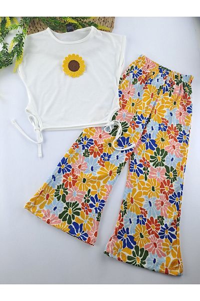 Butik Daisy Printed Pants and T-Shirt Set for Girls - Summer Rope Detailed