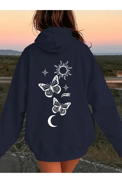 PALPİTO Navy Blue Hooded Hoodie Sweatshirt - Sun Moon Printed, 3 Thread