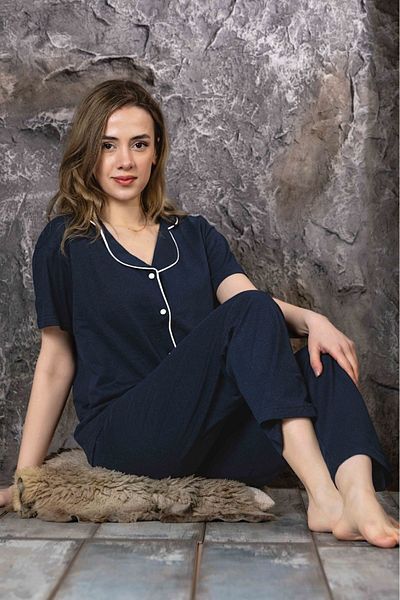 Sude HOMEWEAR Σετ πιτζάμες με κουμπιά μπλε Navy μπροστά