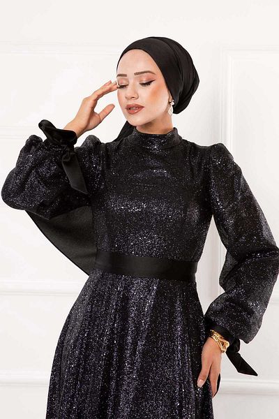 EBRUTESETTÜR Sequin Sequin Hijab Evening Dress with Sleeve Ties