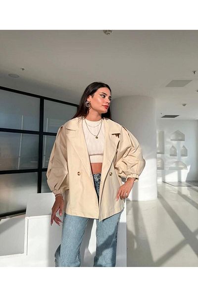 PANCAARTE Oversize Balloon Sleeve Short Trench Coat