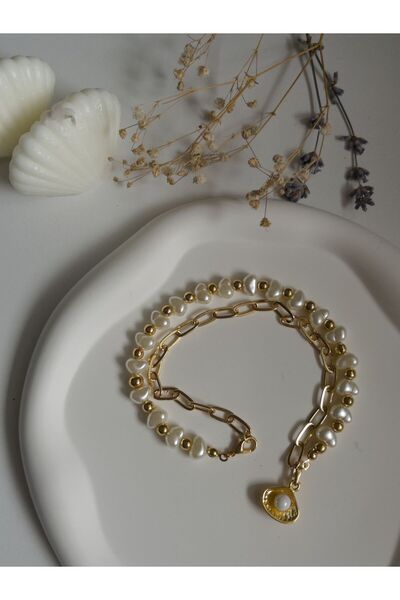 Vola Collection Handmade Pirinç Üzeri Altın Kaplama Incili Istiridye Kadın Kolye - Golden Pearl Sevgiliye Hediye