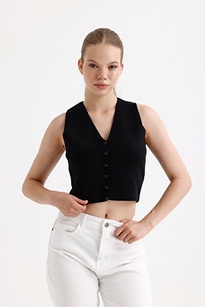 fujya Жіночий жилет з V-подібним коміром на кнопках, чорний трикотаж